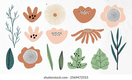 Abstract floral elements in earthy tones. Flowers and leaves in brown, green, and beige. Botanical design with abstract flowers and leaves. Nature-inspired art. Pastel memphis element vector set.