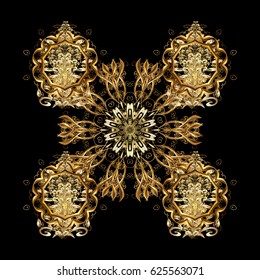 Abstract with Floral Elements. Golden elements. Snowflakes design on black background in black, white and yellow colors. Vector winter pattern.