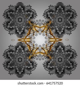 Abstract with Floral Elements. Golden elements. Vector winter pattern. Snowflakes design on gray background in colors.