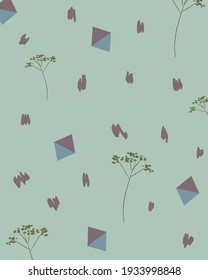 Abstrakte Blumenelemente. Grüne, blaue und violette Linien, Punkte, Naturblumen. Gut für Stoffdrucke, Postkarten, Interier-Muster oder -Elemente