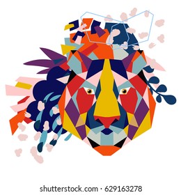 Abstract floral elements paper collage with low-poly tiger.Vector illustration hand drawn.Sketch ready for contemporary scandinavian flat design- poster, invitation, post card, t-shirt design.