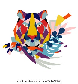 Abstract floral elements paper collage with low-poly tiger.Vector illustration hand drawn.Sketch ready for contemporary scandinavian flat design- poster, invitation, post card, t-shirt design.