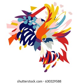Abstract floral elements paper collage with parrot head.Vector illustration hand drawn.Sketch ready for contemporary scandinavian flat design- poster, invitation, post card, t-shirt design.