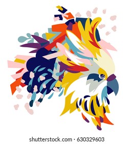 Abstract floral elements paper collage with parrot head.Vector illustration hand drawn.Sketch ready for contemporary scandinavian flat design- poster, invitation, post card, t-shirt design.