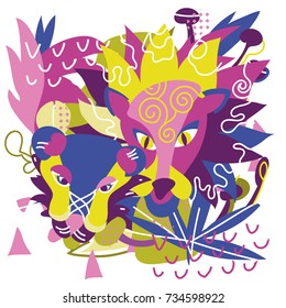 Abstract floral elements paper collage with lion.Vector illustration hand drawn.Sketch ready for contemporary scandinavian flat design- poster, invitation, post card, t-shirt design.