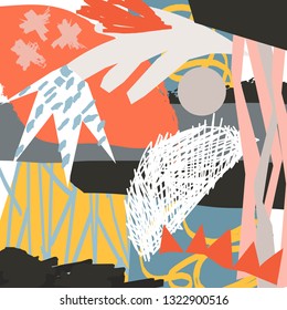 Abstract floral elements paper collage.Illustration hand drawn.Sketch ready for contemporary scandinavian flat design- poster, invitation, post card, t-shirt design.