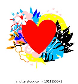 Abstract floral elements paper collage.Vector illustration hand drawn.Heart for contemporary scandinavian flat design- poster, invitation, post card, t-shirt design.
