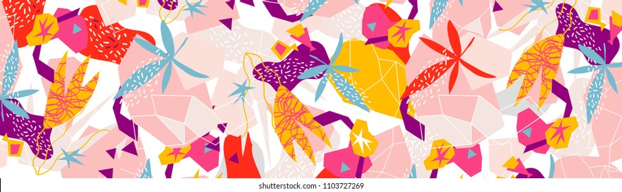 Abstract floral elements paper collage.Vector illustration hand drawn.Sketch ready for contemporary scandinavian flat design- poster, invitation, post card, t-shirt design.