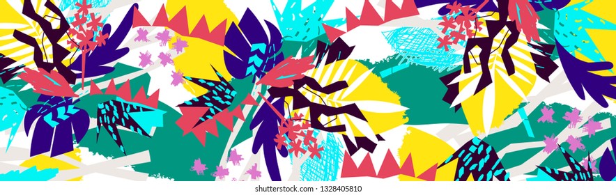 Abstract floral elements paper collage.Vector illustration hand drawn.Sketch ready for contemporary scandinavian flat design- poster, invitation, post card, t-shirt design.