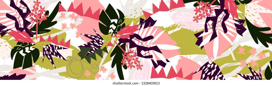 Abstract floral elements paper collage.Vector illustration hand drawn.Sketch ready for contemporary scandinavian flat design- poster, invitation, post card, t-shirt design.