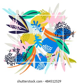Abstract floral elements paper collage.Vector illustration hand drawn square template.Sketch ready for contemporary scandinavian flat design- poster, invitation, post card, t-shirt design.