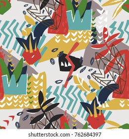 Abstract floral elements paper collage.Vector illustration hand drawn.Sketch ready for contemporary scandinavian flat design- poster, invitation, post card, t-shirt design.Seamless pattern.