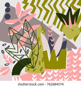 Abstract floral elements paper collage.Vector illustration hand drawn.Sketch ready for contemporary scandinavian flat design- poster, invitation, post card, t-shirt design.