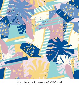 Abstract floral elements paper collage.Vector illustration hand drawn.Sketch ready for contemporary scandinavian flat design- poster, invitation, post card, t-shirt design.Seamless pattern.