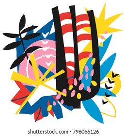 Abstract floral elements paper collage.Vector illustration hand drawn.Sketch ready for contemporary scandinavian flat design- poster, invitation, post card, t-shirt design.