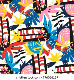 Abstract floral elements paper collage.Vector illustration hand drawn.Sketch ready for contemporary scandinavian flat design- poster, invitation, post card, t-shirt design.Seamless pattern.