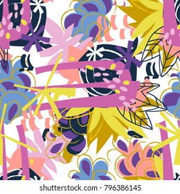 Abstract floral elements paper collage.Vector illustration hand drawn.Sketch ready for contemporary scandinavian flat design- poster, invitation, post card, t-shirt design.Seamless pattern.