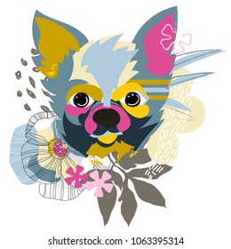 Abstract floral elements papercut collage.Vector illustration dog head.Papercut ready for contemporary scandinavian flat design- poster, invitation, post card, t-shirt design.
