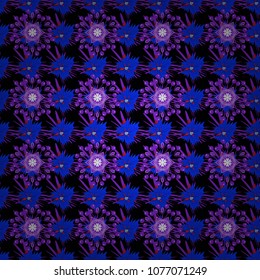 Abstract floral elements seamless pattern. Vector sketch ready for contemporary flat design for poster, invitation, post card, textile design in black, violet and blue colors.