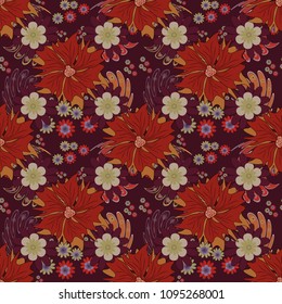 Abstract floral elements seamless pattern. Vector sketch ready for contemporary flat design for poster, invitation, post card, textile design in beige, red and brown colors.