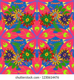 Abstract floral elements seamless pattern. Vector sketch ready for contemporary flat design for poster, invitation, post card, textile design in blue, pink and green colors.