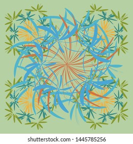Abstract floral elements seamless pattern. Vector sketch ready for contemporary flat design for poster, invitation, post card, textile design in green, blue and orange colors.