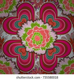 Abstract floral elements seamless pattern. Vector sketch ready for contemporary flat design for poster, invitation, post card, textile design in pink, brown and green colors.