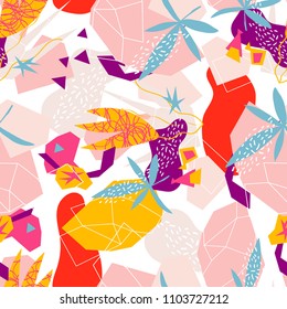 Abstract floral elements seamless pattern.Vector illustration hand drawn.Sketch ready for contemporary scandinavian flat design- poster, invitation, post card, t-shirt design.