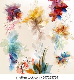 Abstract floral elements set colorful and shiny foliage