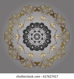 Abstract with Floral Elements. Vector winter pattern. Snowflakes design on gray background in colors. Golden elements.