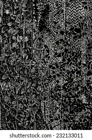 Abstract floral engraving style vector background, white over black