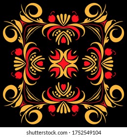 Abstract floral ethnic symmetric pattern on a black background