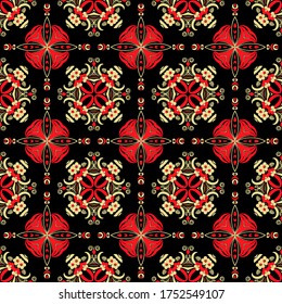 Abstract floral ethnic symmetric pattern on a black background