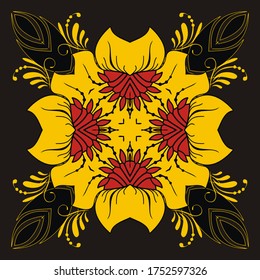 Abstract floral ethnic symmetric pattern on a black background