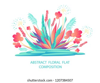 Abstract floral flat composition with plants and  stones in blue red on white  or  ikebana  for greeting  card or for wallpaper or for banner  flyer book covers or website 