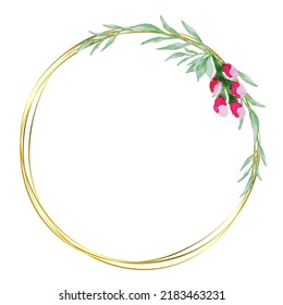 Abstract floral frame background vector. Watercolor invitation design with leaves and berries. Gold geometric frame and watercolor brush strokes.