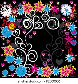 abstract floral frame with butterflies, hearts and flowers