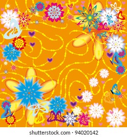 abstract floral frame with butterflies, hearts and flowers