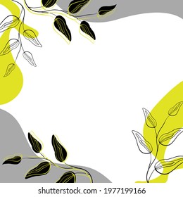 Abstract floral frame decorated with silhouette twigs of yellow and black, Template for design, Vector abstract frame on a white background, yellow and gray colors.