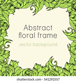 Abstract floral frame plant, vegetable background, cover, card, invitation, banner. Frame of colorful scrollwork, plants, grass, leaves and flowers. Vector illustration