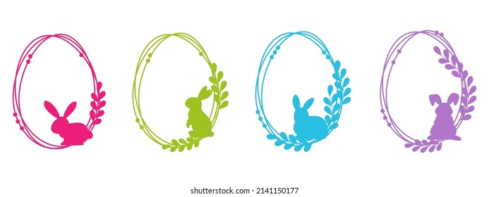 Abstract floral frame..Easter egg frame with the silhouette of rabbit. .Set of geometric one line oval colorful frames.Hand drawing circle.Simple stripes.Easter bunny.