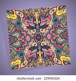 Abstract floral and geometric background. Vector decorative ornament, seamless pattern on purple background