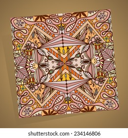 Abstract floral and geometric background. Vector decorative ornament, seamless pattern on brown background