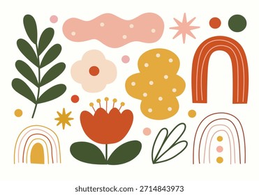 Abstract floral and geometric elements in hand drawn style for boho decor themes. Perfect for branding, wall art, stationery, and social media designs.
