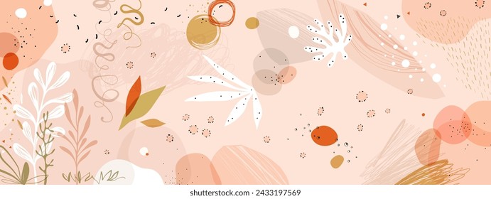 Abstract floral and geometric elements on pink background. Vector collection of hand drawn organic shapes for pattern, wallpaper, poster, email header, wall art for home decor, events and page cover.