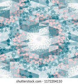 Abstract floral geometric seamless pattern with mosaic of tropical flowers and triangles. Psychedelic pattern in light pastel  for textiles, sportswear, swimwear, paper, web, apparel.
