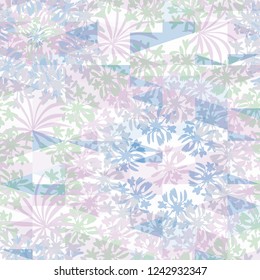 Abstract floral geometric seamless pattern with mosaic of tropical flowers and triangles. Psychedelic pattern in light pastel  for textiles, sportswear, swimwear, paper, web, apparel.