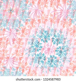 Abstract floral geometric seamless pattern with mosaic of tropical flowers and triangles. Psychedelic pattern in light pastel  for textiles, sportswear, swimwear, paper, web, apparel.