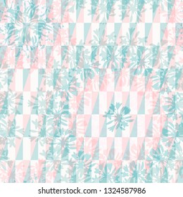 Abstract floral geometric seamless pattern with mosaic of tropical flowers and triangles. Psychedelic pattern in light pastel  for textiles, sportswear, swimwear, paper, web, apparel.