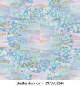 Abstract floral geometric seamless pattern with mosaic of tropical flowers and triangles. Psychodelic pattern in light pastel  for textiles, sportswear, swimwear, paper, web, apparel.